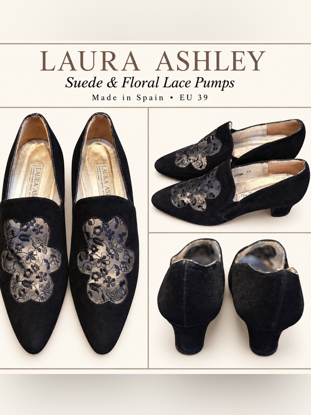 Laura Ashley, vintage pumps, black suede, floral lace, scalloped, romantic.